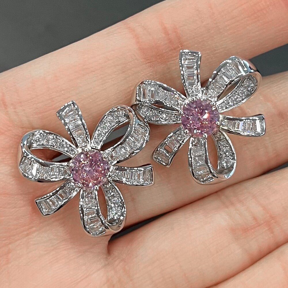 🌸 Pink Flower Earrings CZ Cherry Blossom Crystal Floral Statement Stud Earrings